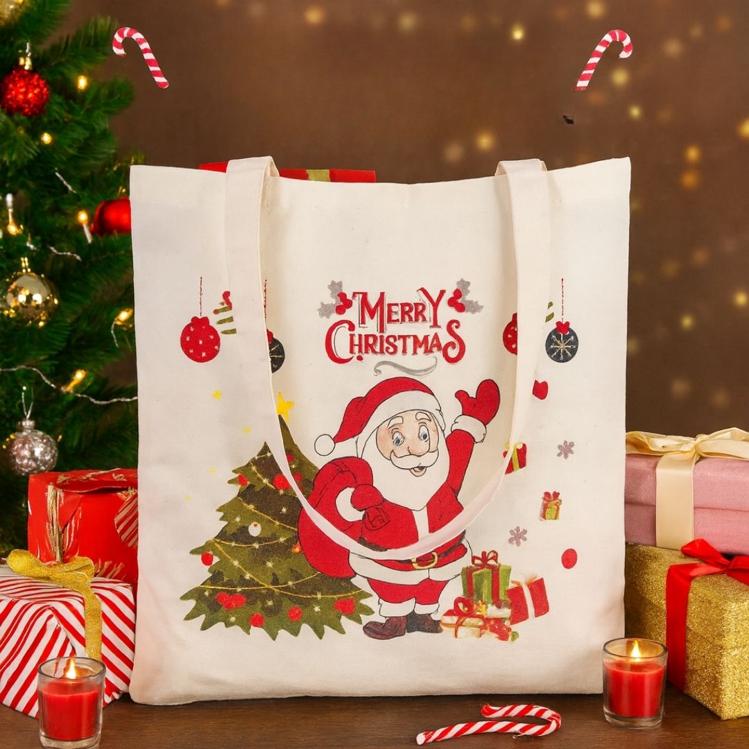 Christmas Printed 100% Cotton Canvas Tote Bags for gift, Present, Souvenir, eco-friendly Reusable Tote Bags -Size 38x42cm+65cm long Handle (Pack of 1)