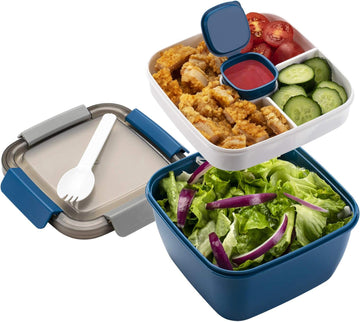 Salad Lunch Box with Lid, BPA-Free |3-Compartment Bento Box Microwave Safe – Yumbox Style Salad Bowl with Dressing Containers, Built-in Reusable Spoon