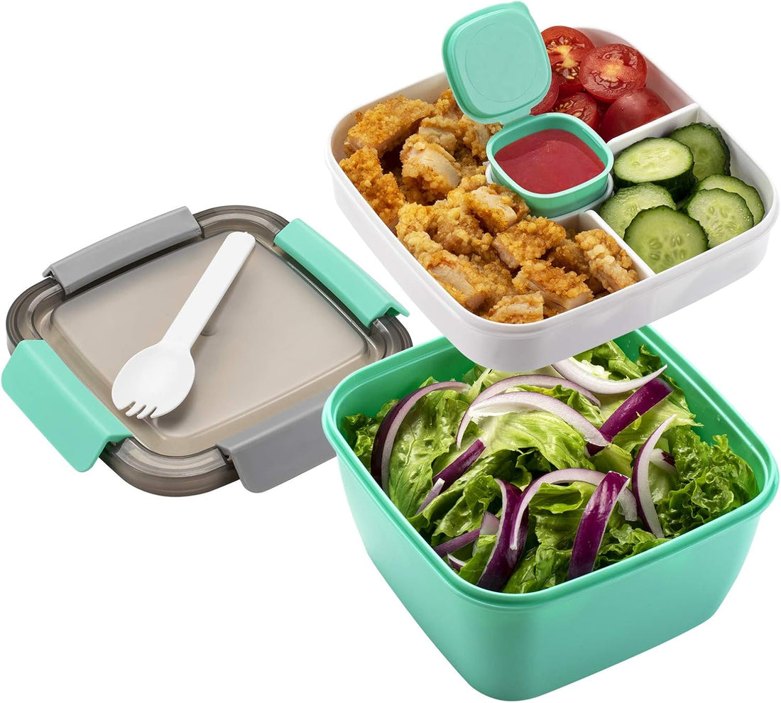 Salad Lunch Box with Lid, BPA-Free |3-Compartment Bento Box Microwave Safe – Yumbox Style Salad Bowl with Dressing Containers, Built-in Reusable Spoon