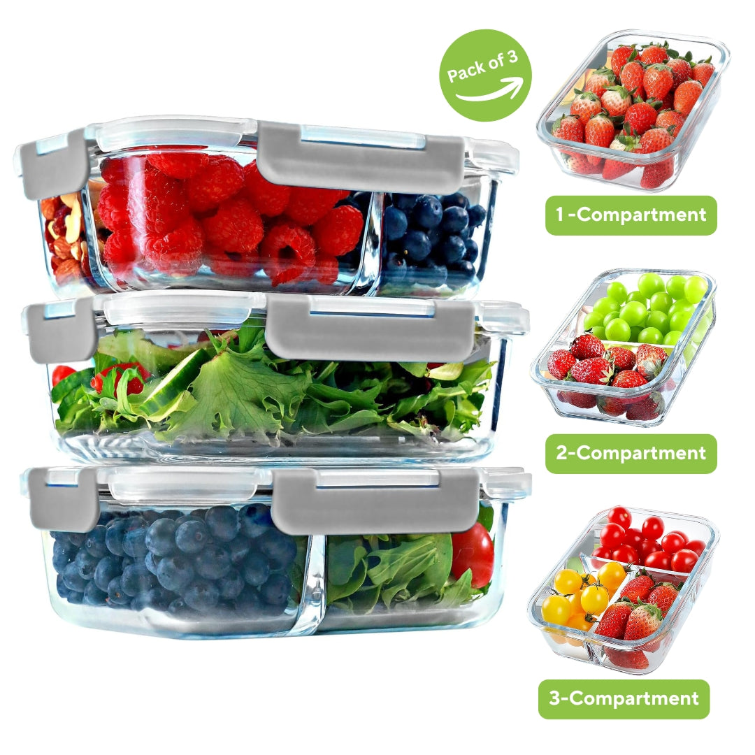 Glass Food Storage Containers With Lids, Ideal Meal Prep Containers-1040ML (Pack of 3)