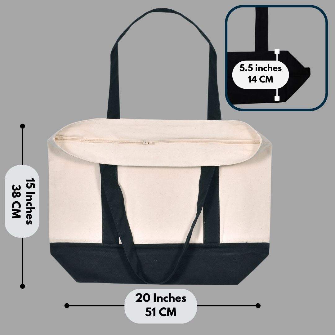 Heavy Duty 100% Cotton Canvas Tote Bag With Zip and external pocket, Suitable for Daily Grocery, Travel, Shopping, Events and Gifts, Sturdy Reusable women Beach Bag
