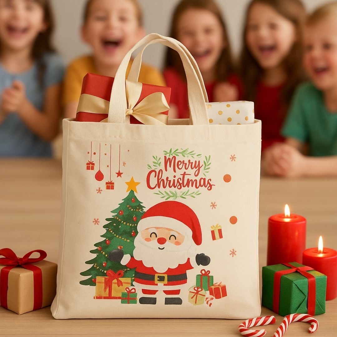 Christmas Printed 100% Cotton Canvas Tote Bags for gift, Present, Souvenir, eco-friendly Reusable Tote Bags -Size 30x30cm+30cm long Handle (Pack of 2)