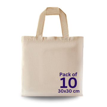 100% Cotton Canvas Bags, Plain Tote Bags to Decorate, eco-friendly Canvas Reusable blank Tote Bags made with Premium Quality Fabric - Size 30x30cm+30cm Handle (Pack of 10)