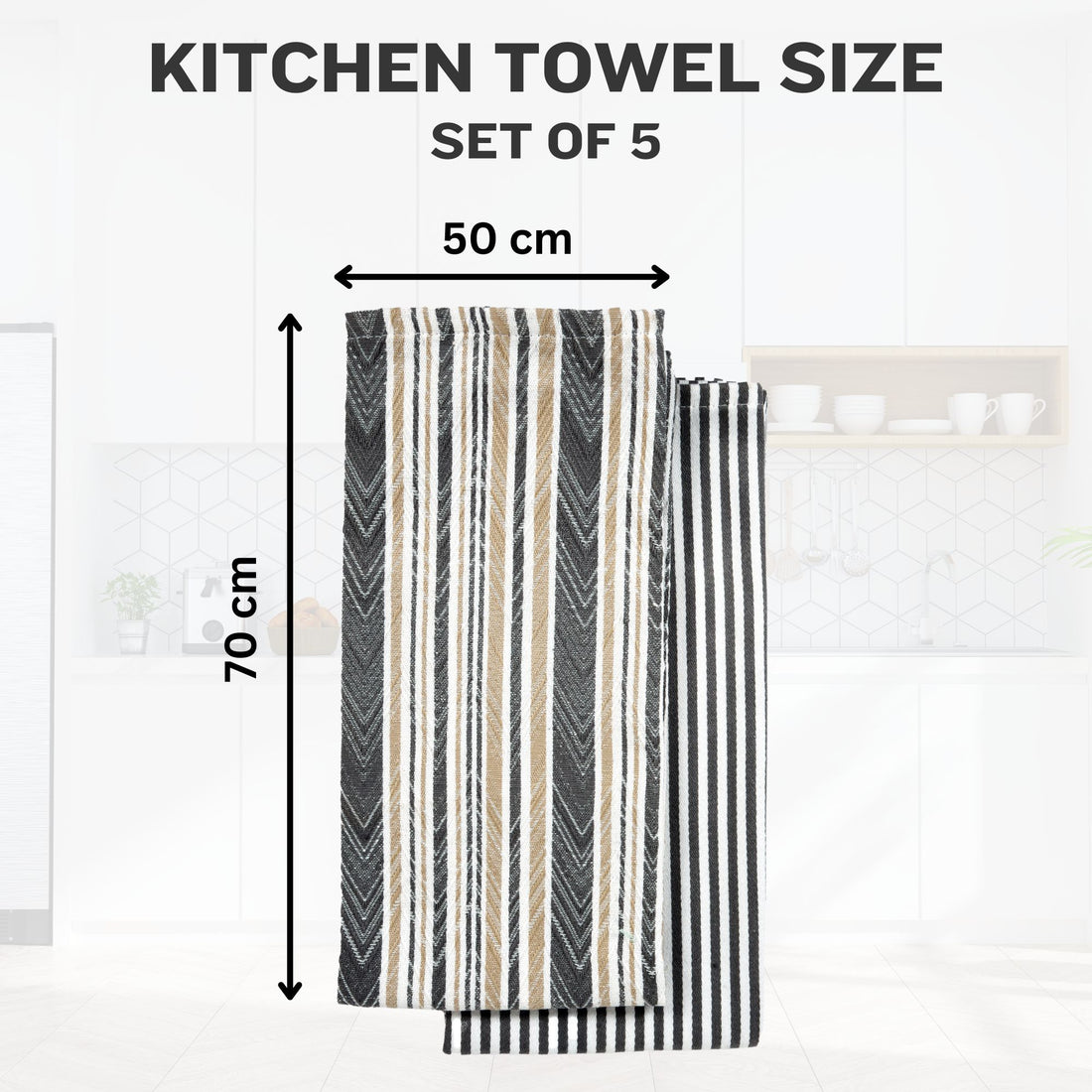 Pack of 5-Grey Cotton Tea Towels for Kitchen Crafted With 100% Cotton, Extra Large Kitchen Tea Towels Lint Free, Soft and Absorbent Dish Towel For Drying Dishes (50x70cm)-300GSM