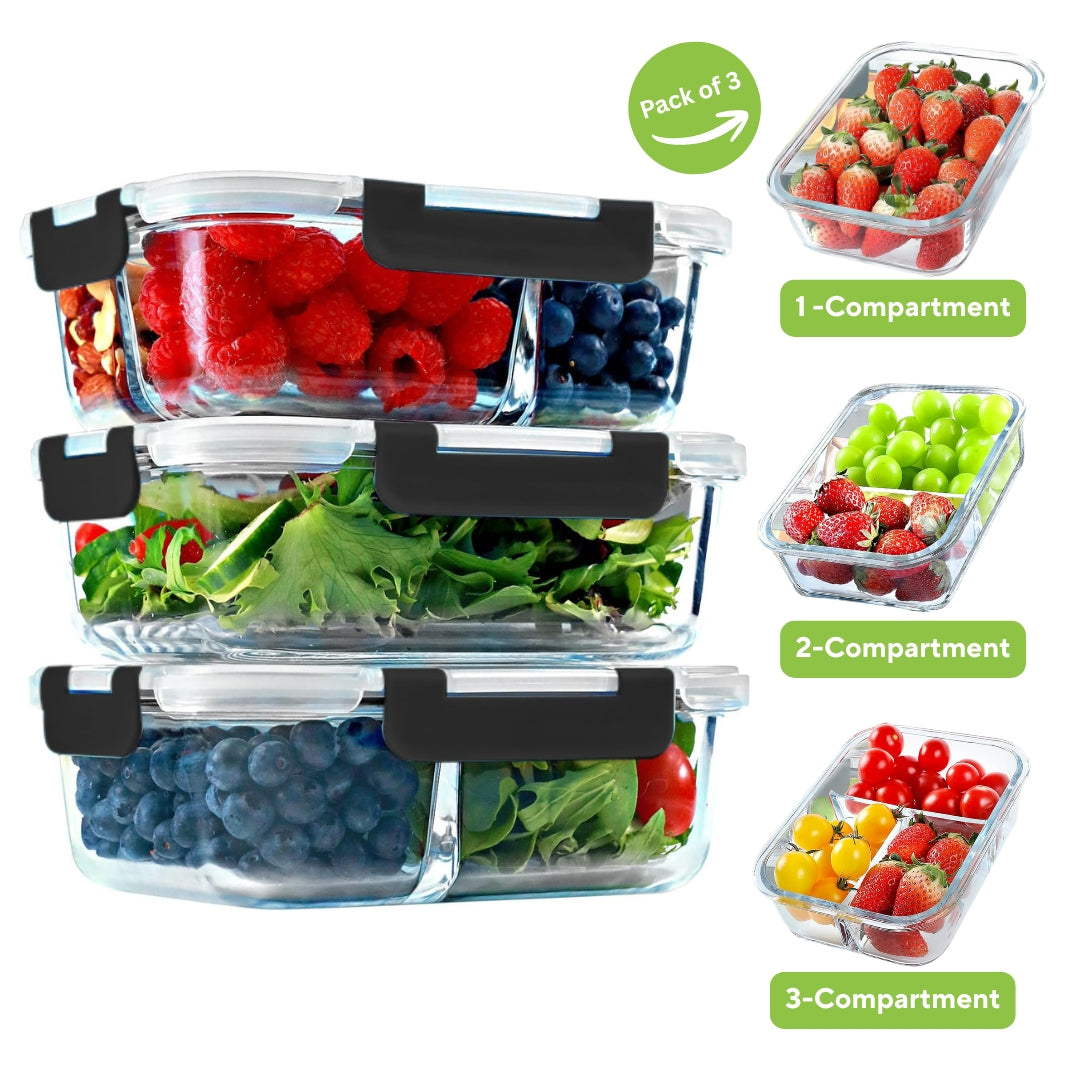 Glass Food Storage Containers With Lids, Ideal Meal Prep Containers-1040ML (Pack of 3)