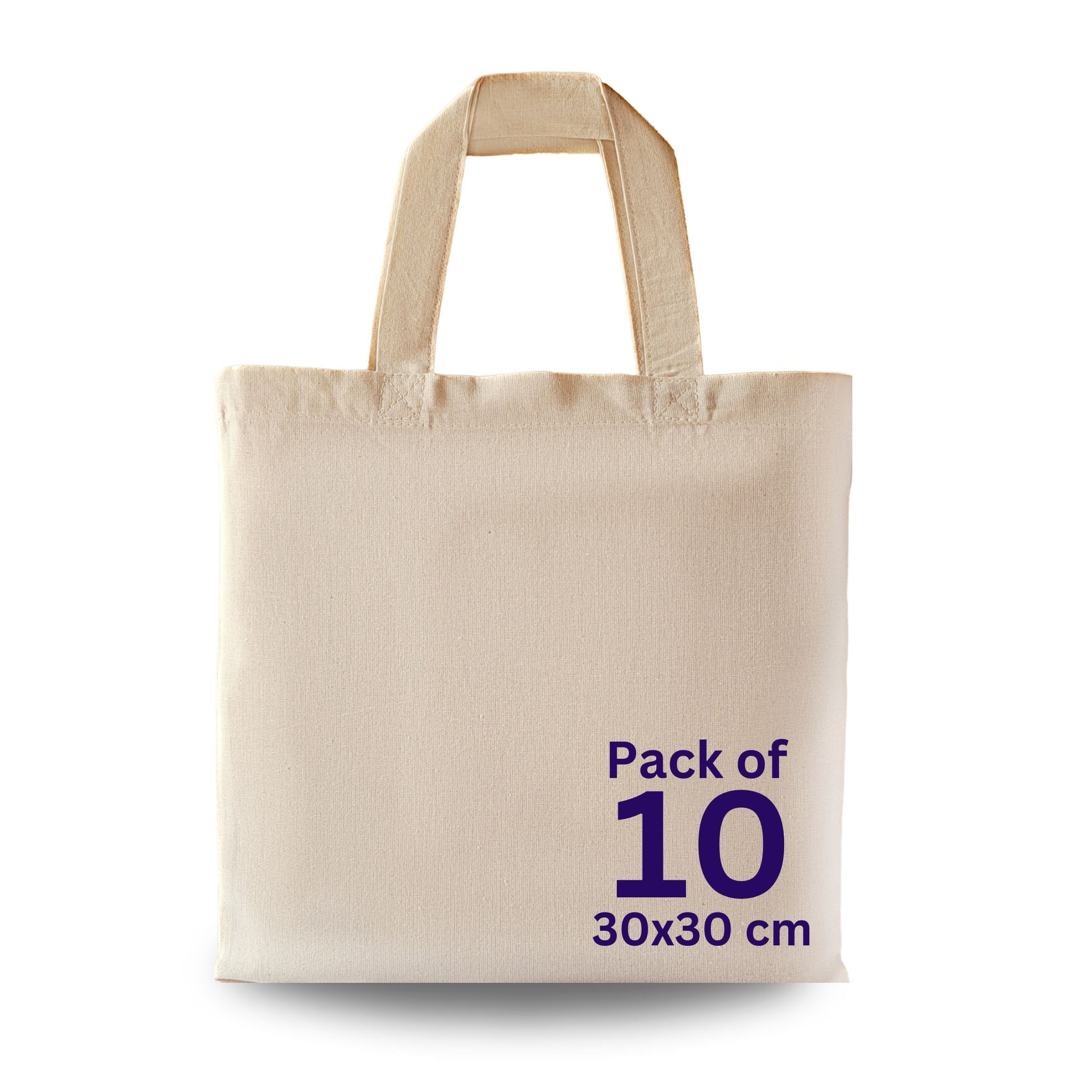 100% Cotton Canvas Bags, Plain Tote Bags to Decorate, eco-friendly Canvas Reusable blank Tote Bags made with Premium Quality Fabric - Size 30x30cm+30cm Handle (Pack of 10)